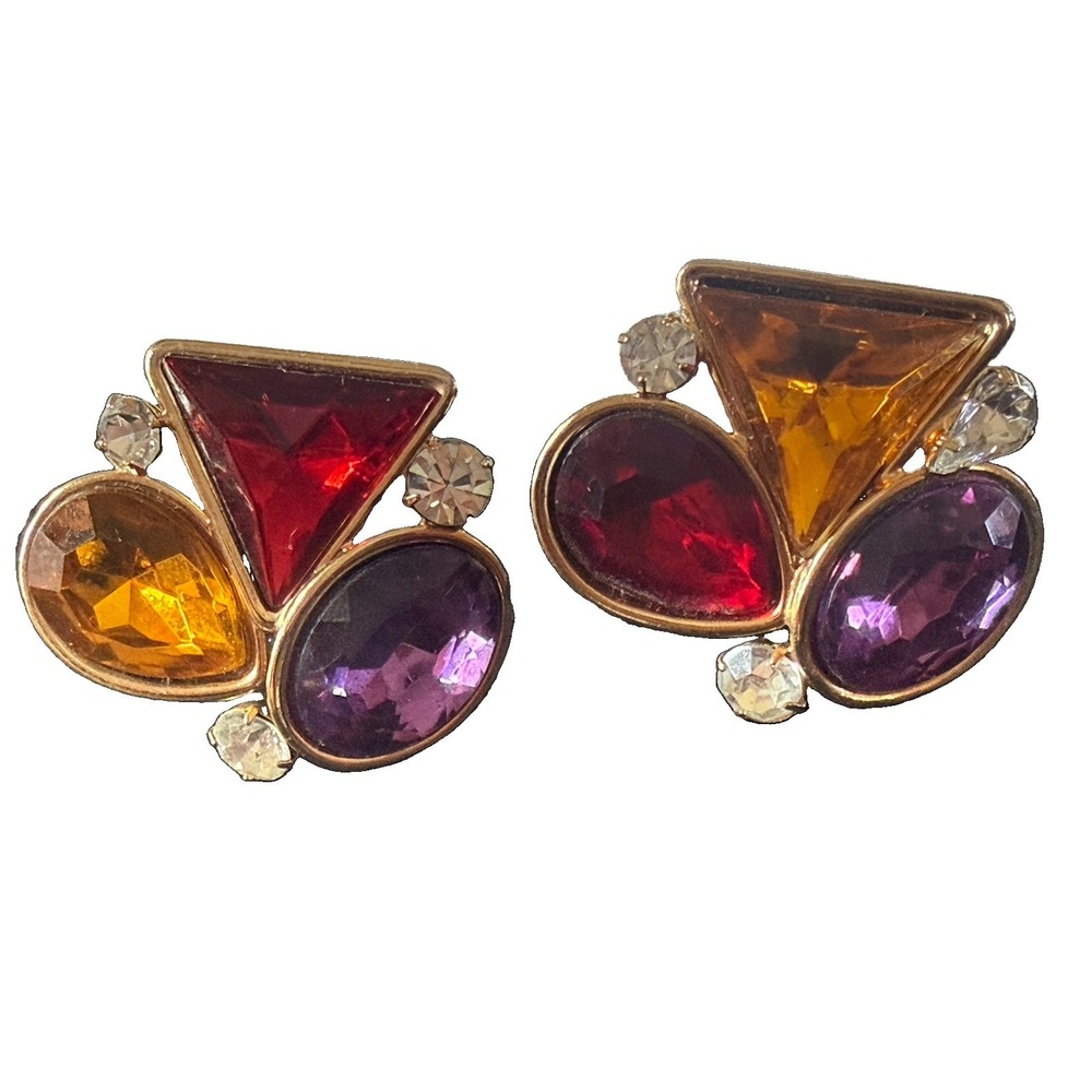 Vintage 1980s Jewel Tone Tutti Frutti Gold Clip On Earrings